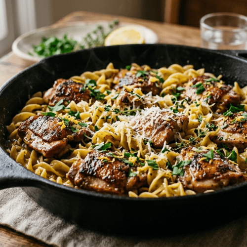 Garlic Butter Chicken Bites with Egg Noodles