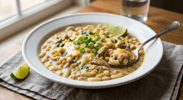 slow cooker white chicken chili mac