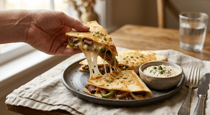 Philly Cheesesteak Quesadilla with Garlic Aioli