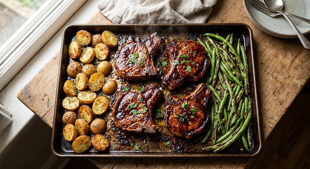 Sheet Pan Honey Mustard Pork Chops with Green Beans